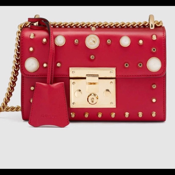 Gucci Handbags - Rare Gucci padlock lambskin pearl stud red bag